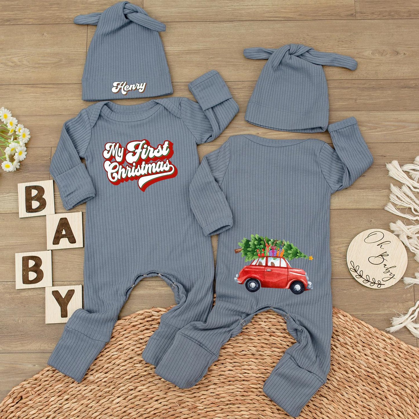 My First Christmas Outfit Personalized with Name, Watercolor Car & Tree Bodysuit and Hat Set - Custom Newborn Xmas Holiday Gift for Baby Henry (140 chars)