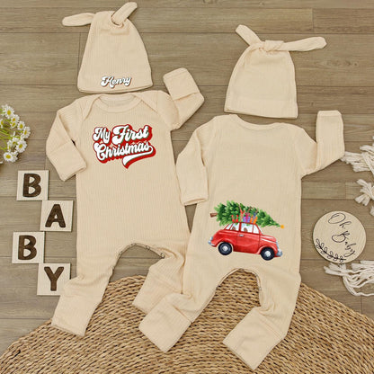 My First Christmas Outfit Personalized with Name, Watercolor Car & Tree Bodysuit and Hat Set - Custom Newborn Xmas Holiday Gift for Baby Henry (140 chars)