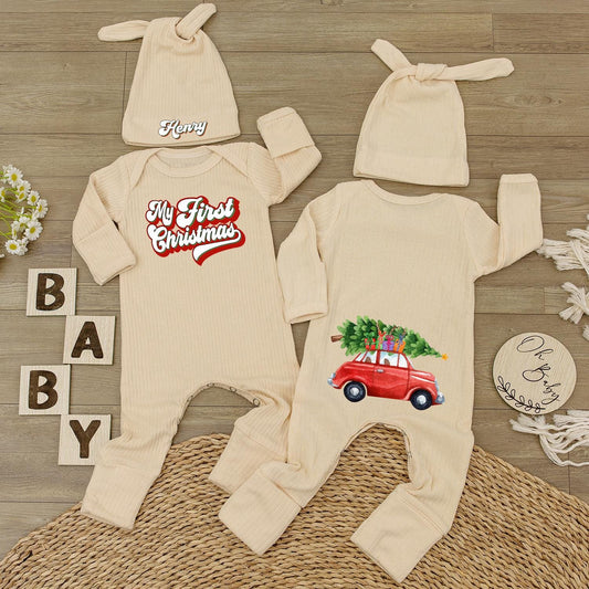 My First Christmas Outfit Personalized with Name, Watercolor Car & Tree Bodysuit and Hat Set - Custom Newborn Xmas Holiday Gift for Baby Henry (140 chars)