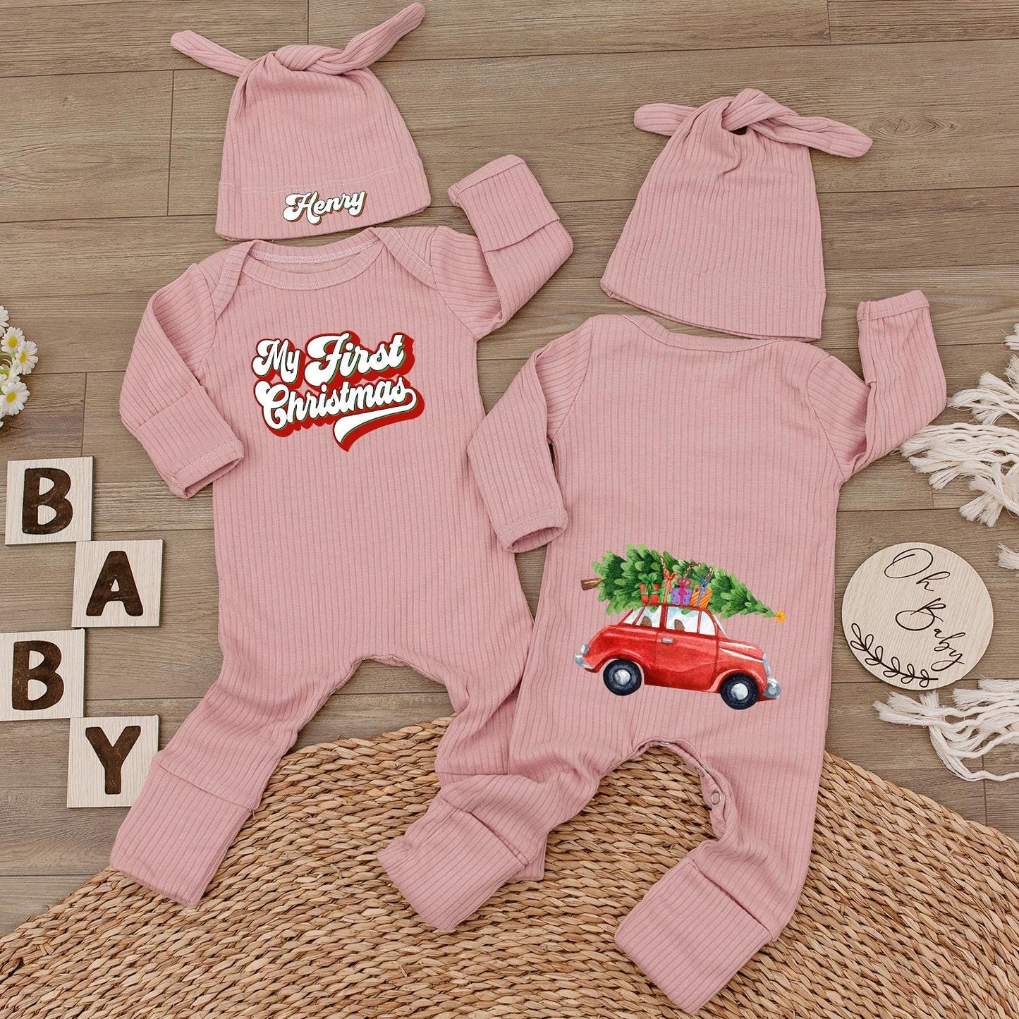 My First Christmas Outfit Personalized with Name, Watercolor Car & Tree Bodysuit and Hat Set - Custom Newborn Xmas Holiday Gift for Baby Henry (140 chars)