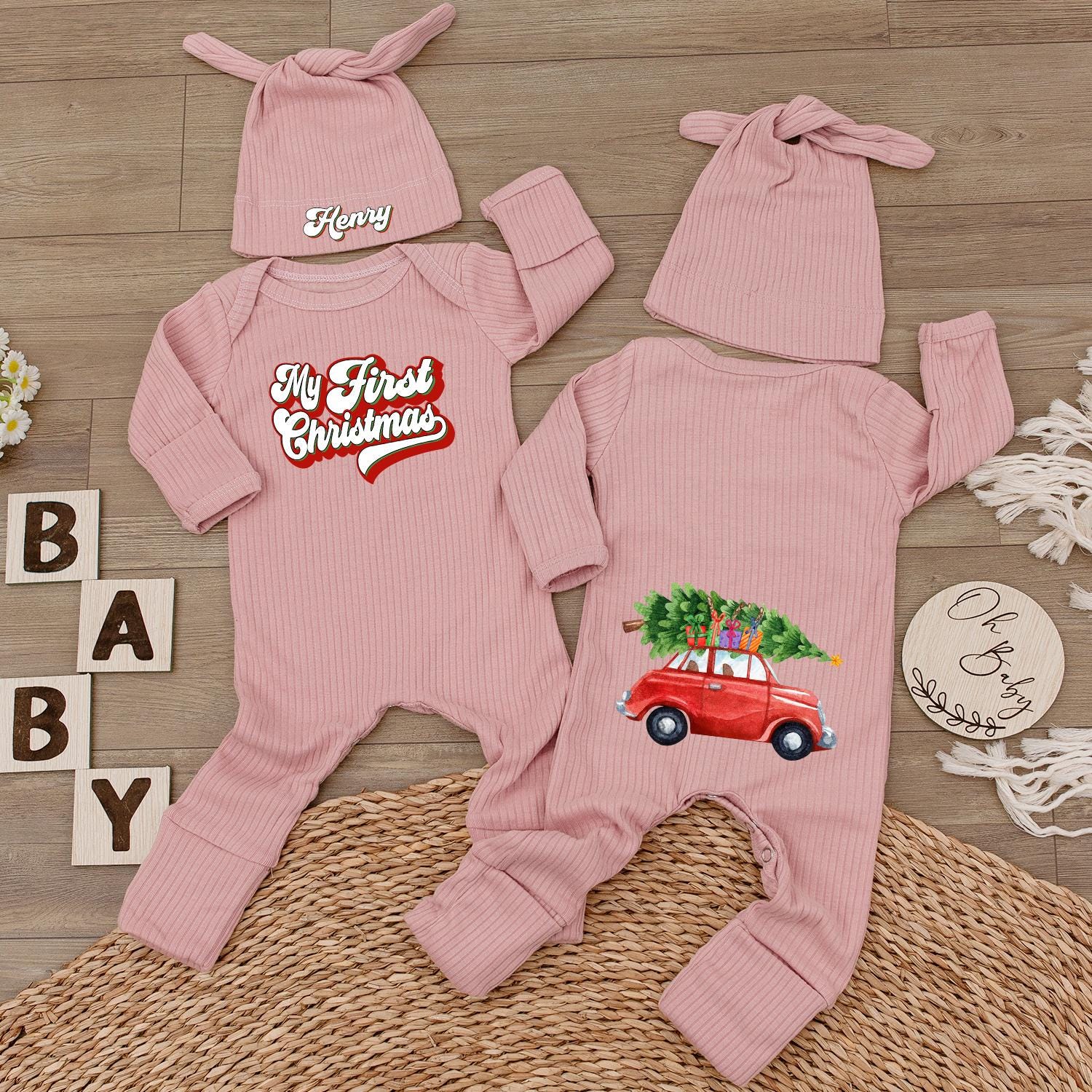 My First Christmas Outfit Personalized with Name, Watercolor Car & Tree Bodysuit and Hat Set - Custom Newborn Xmas Holiday Gift for Baby Henry (140 chars)