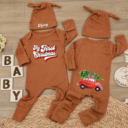 My First Christmas Outfit Personalized with Name, Watercolor Car & Tree Bodysuit and Hat Set - Custom Newborn Xmas Holiday Gift for Baby Henry (140 chars)