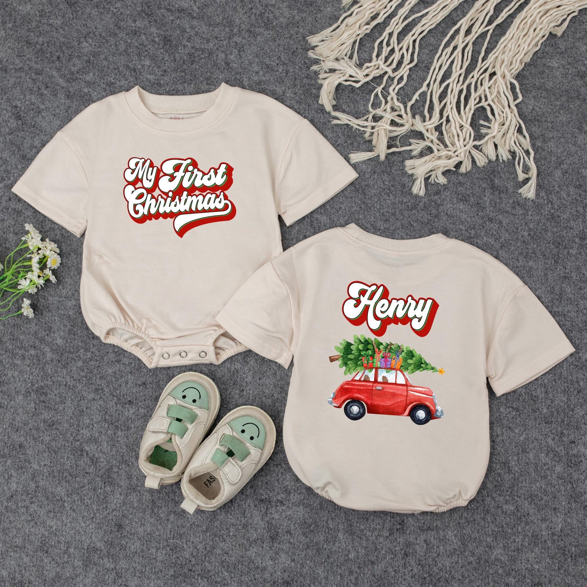 Custom My First Christmas Baby Name Sweatshirt Red Car Tree Design Infant Holiday Outfit Vintage Bubbly Font Festive Newborn Gift