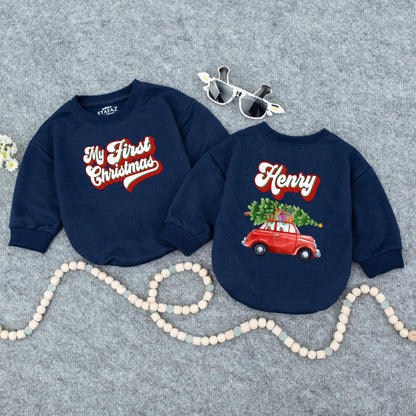 Custom My First Christmas Baby Name Sweatshirt Red Car Tree Design Infant Holiday Outfit Vintage Bubbly Font Festive Newborn Gift