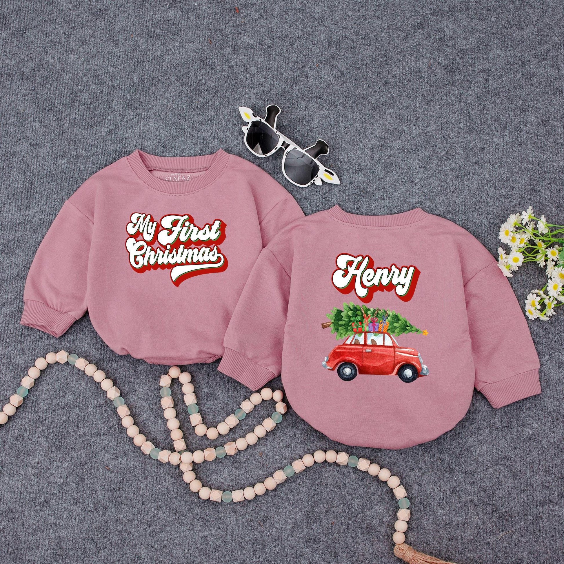 Custom My First Christmas Baby Name Sweatshirt Red Car Tree Design Infant Holiday Outfit Vintage Bubbly Font Festive Newborn Gift