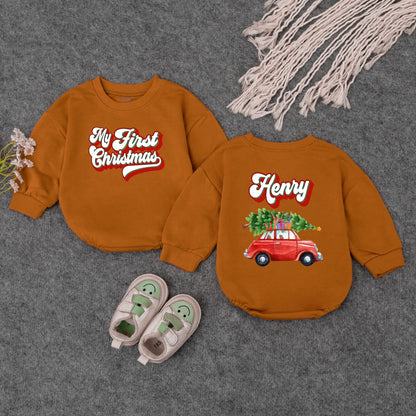 Custom My First Christmas Baby Name Sweatshirt Red Car Tree Design Infant Holiday Outfit Vintage Bubbly Font Festive Newborn Gift