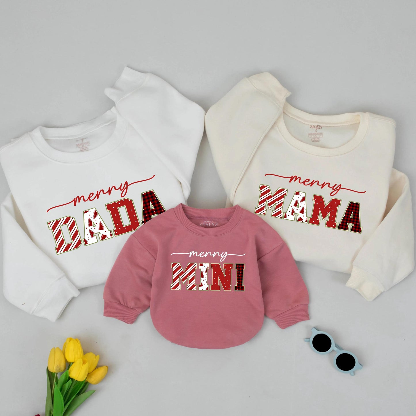 Merry Christmas Matching Family Sweatshirts: Dada, Mama, Mini Holiday Outfit, Red Festive Design, Xmas Baby Gift, Mommy and Me Sweater