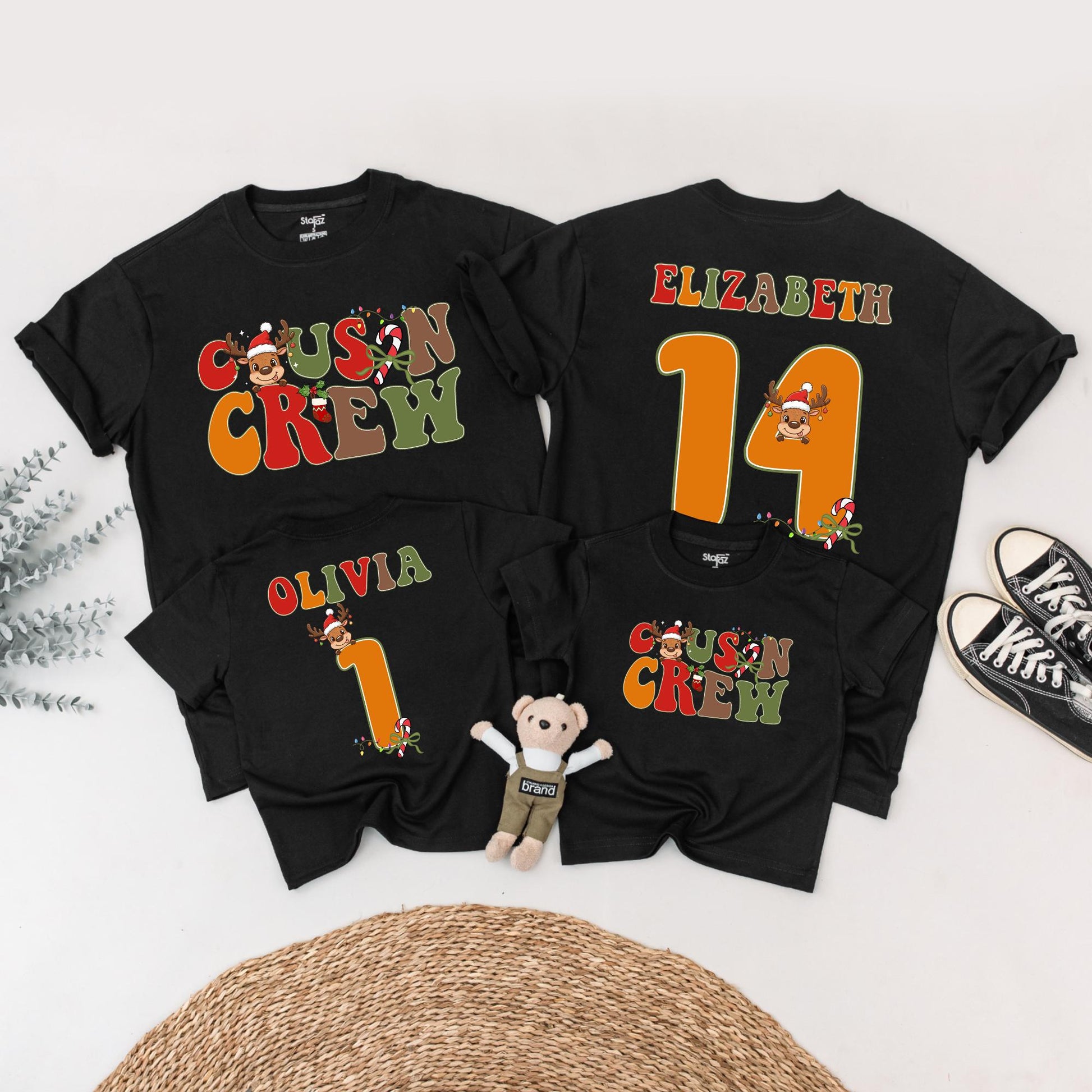 Personalized Cousin Crew Christmas Matching Shirts: Retro Reindeer Family Tees with Custom Names & Numbers - Festive Holiday Reunion Outfits (138 chars)