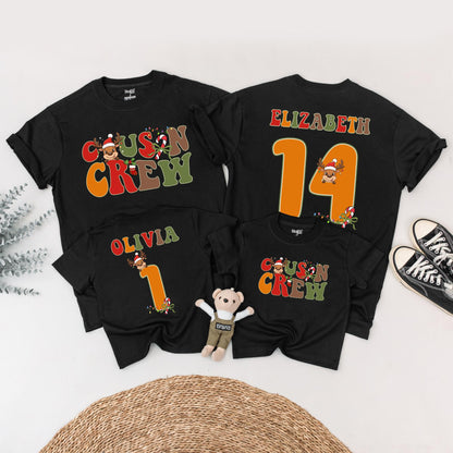Personalized Cousin Crew Christmas Matching Shirts: Retro Reindeer Family Tees with Custom Names & Numbers - Festive Holiday Reunion Outfits (138 chars)