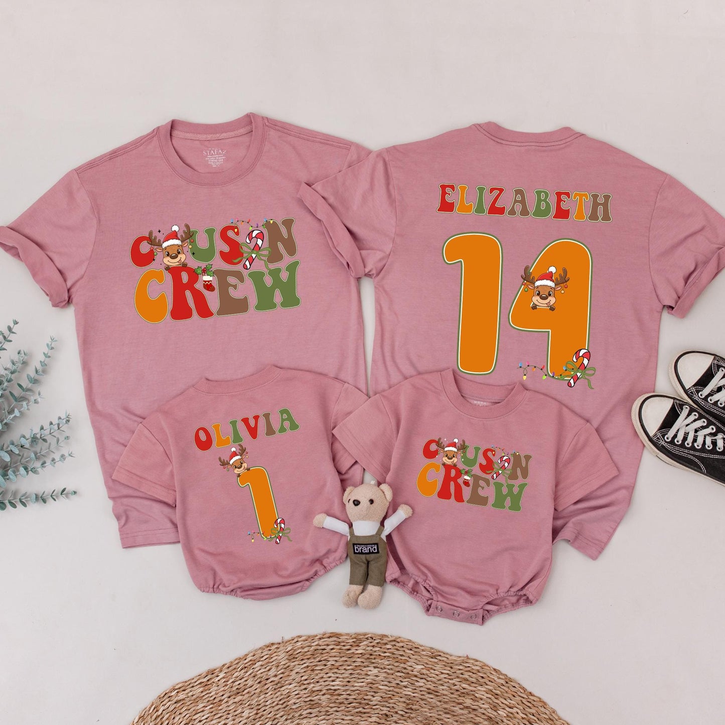 Personalized Cousin Crew Christmas Matching Shirts: Retro Reindeer Family Tees with Custom Names & Numbers - Festive Holiday Reunion Outfits (138 chars)