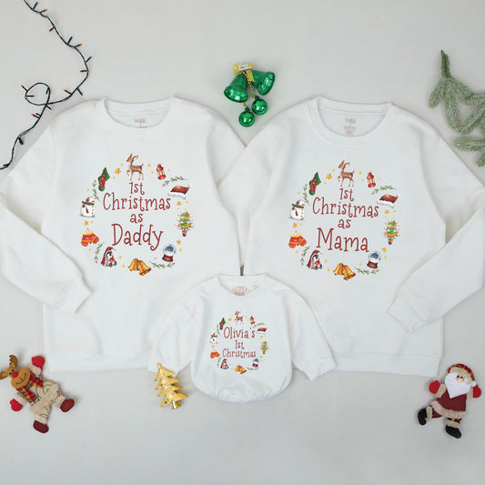 Matching Family Christmas Sweatshirt: First Xmas as Mom & Dad, 1st Christmas for Baby, Custom Family Xmas Gifts