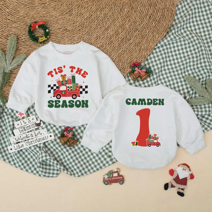 Custom Tis The Season Vintage Red Truck Christmas Baby Romper Personalized Camden Name First Birthday Outfit Boy Gift