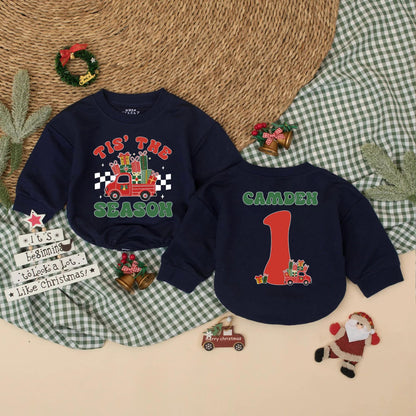 Custom Tis The Season Vintage Red Truck Christmas Baby Romper Personalized Camden Name First Birthday Outfit Boy Gift