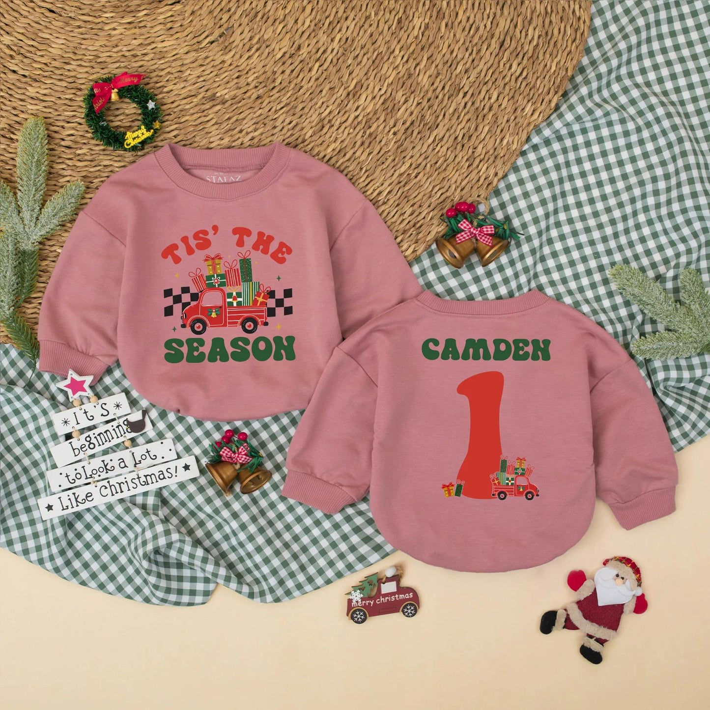 Custom Tis The Season Vintage Red Truck Christmas Baby Romper Personalized Camden Name First Birthday Outfit Boy Gift