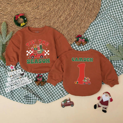 Custom Tis The Season Vintage Red Truck Christmas Baby Romper Personalized Camden Name First Birthday Outfit Boy Gift