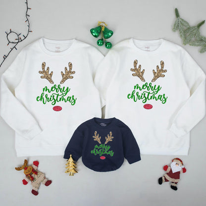 Matching Family Merry Christmas Reindeer Crewneck Sweatshirts Xmas Gift Winter Holiday Outfit for Everyone