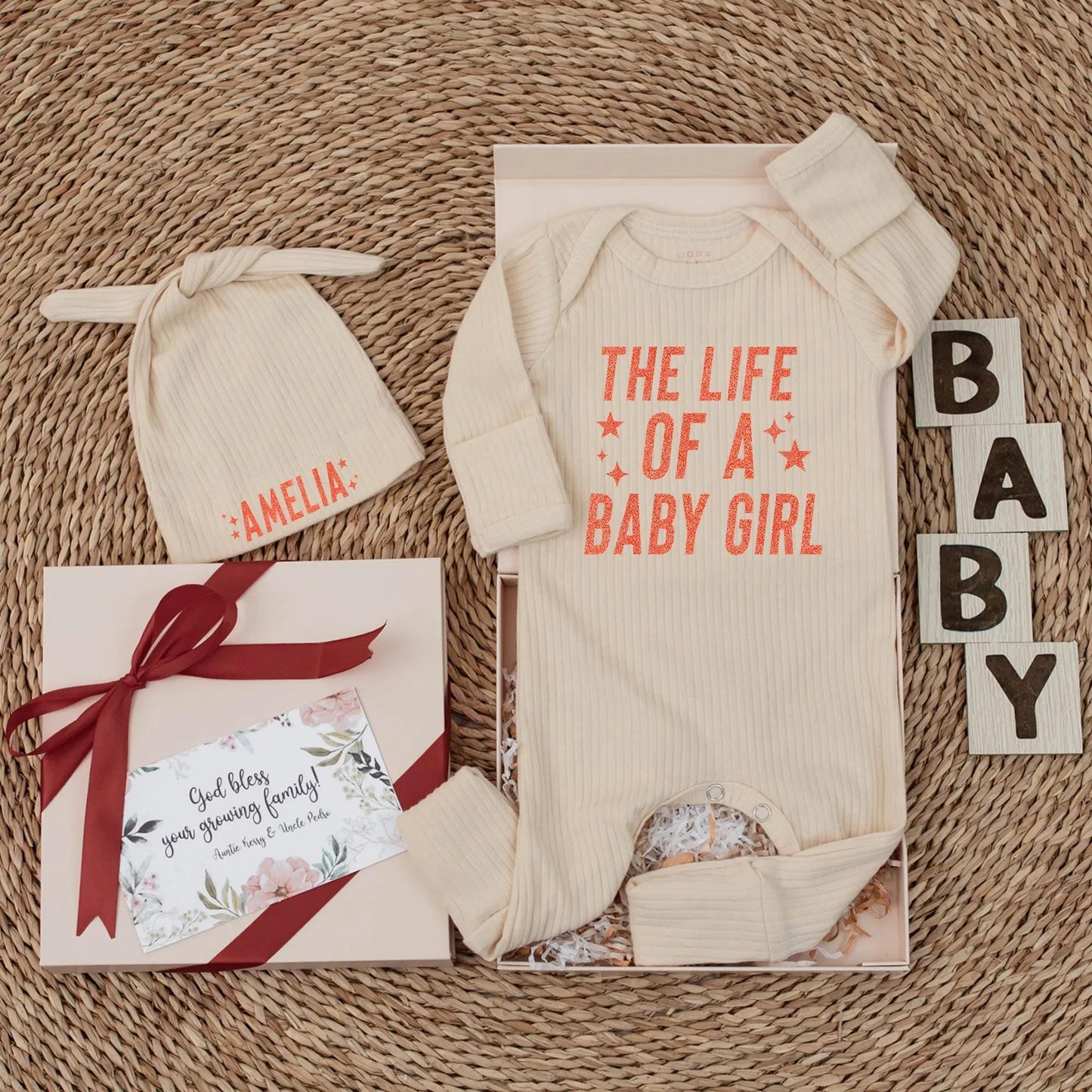 Personalized Baby Girl Bodysuit The Life of a Baby Girl Newborn Romper Custom Name Outfit with Red Stars and Handwritten Font Soft Coming Home Gift