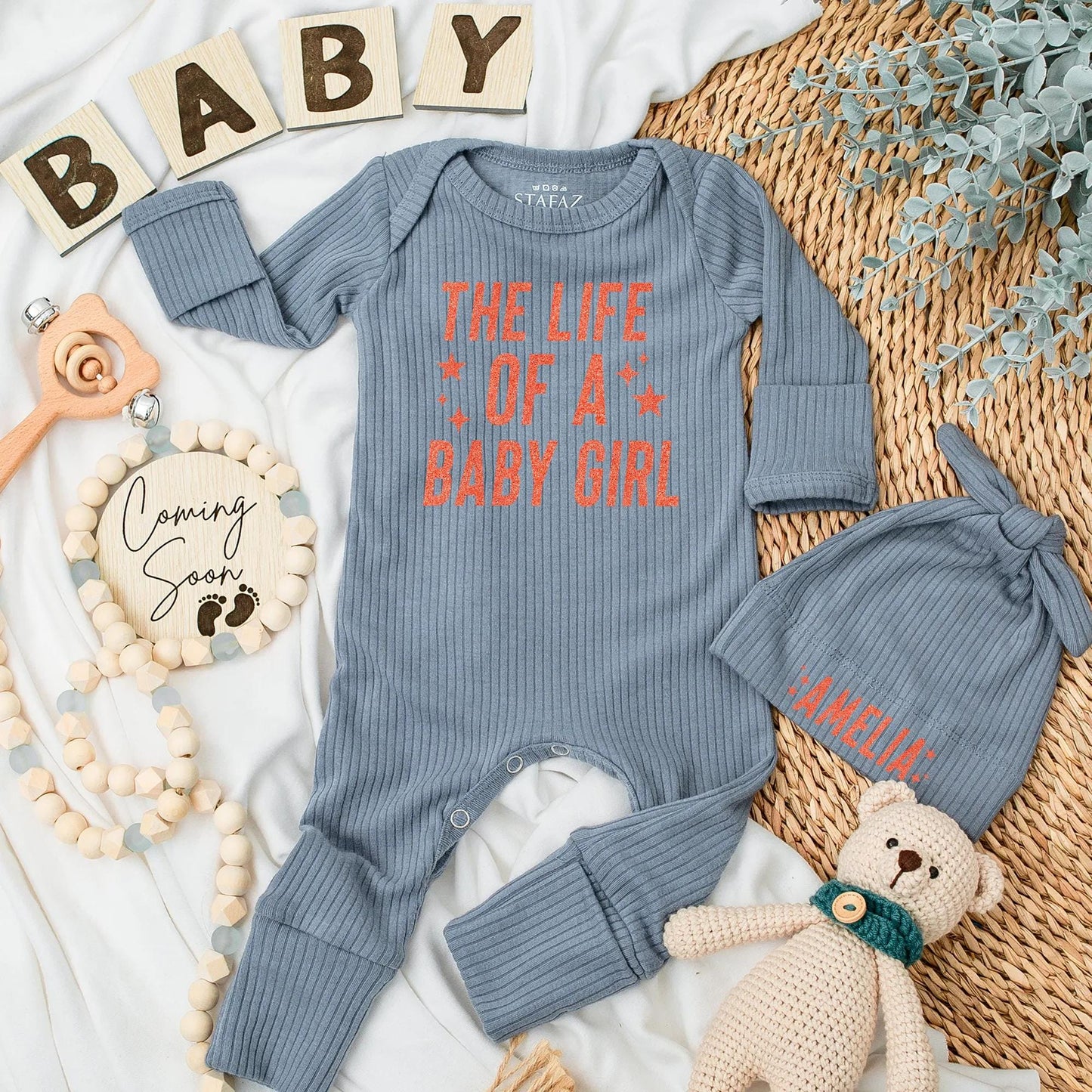 Personalized Baby Girl Bodysuit The Life of a Baby Girl Newborn Romper Custom Name Outfit with Red Stars and Handwritten Font Soft Coming Home Gift