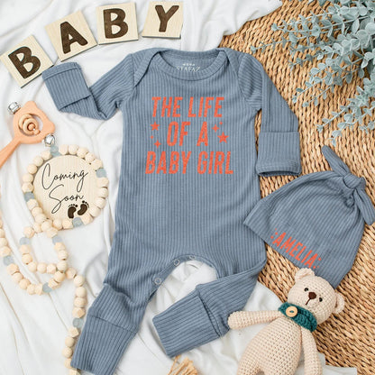 Personalized Baby Girl Bodysuit The Life of a Baby Girl Newborn Romper Custom Name Outfit with Red Stars and Handwritten Font Soft Coming Home Gift