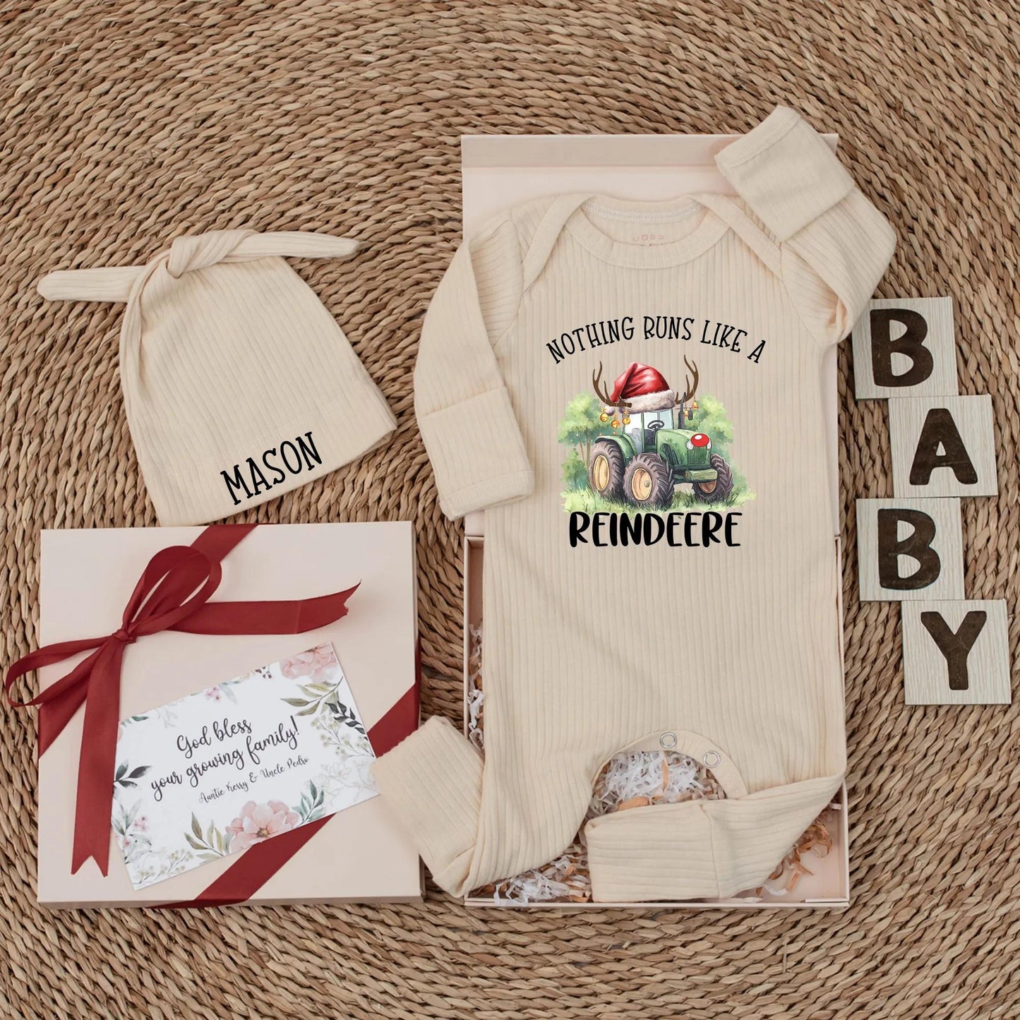 Reindeer Tractor Christmas Baby Bodysuit, Farm Holiday Outfit for Baby Boy, Cute Newborn Reindeer Clothes, Custom Name Romper Gift 130-140 characters