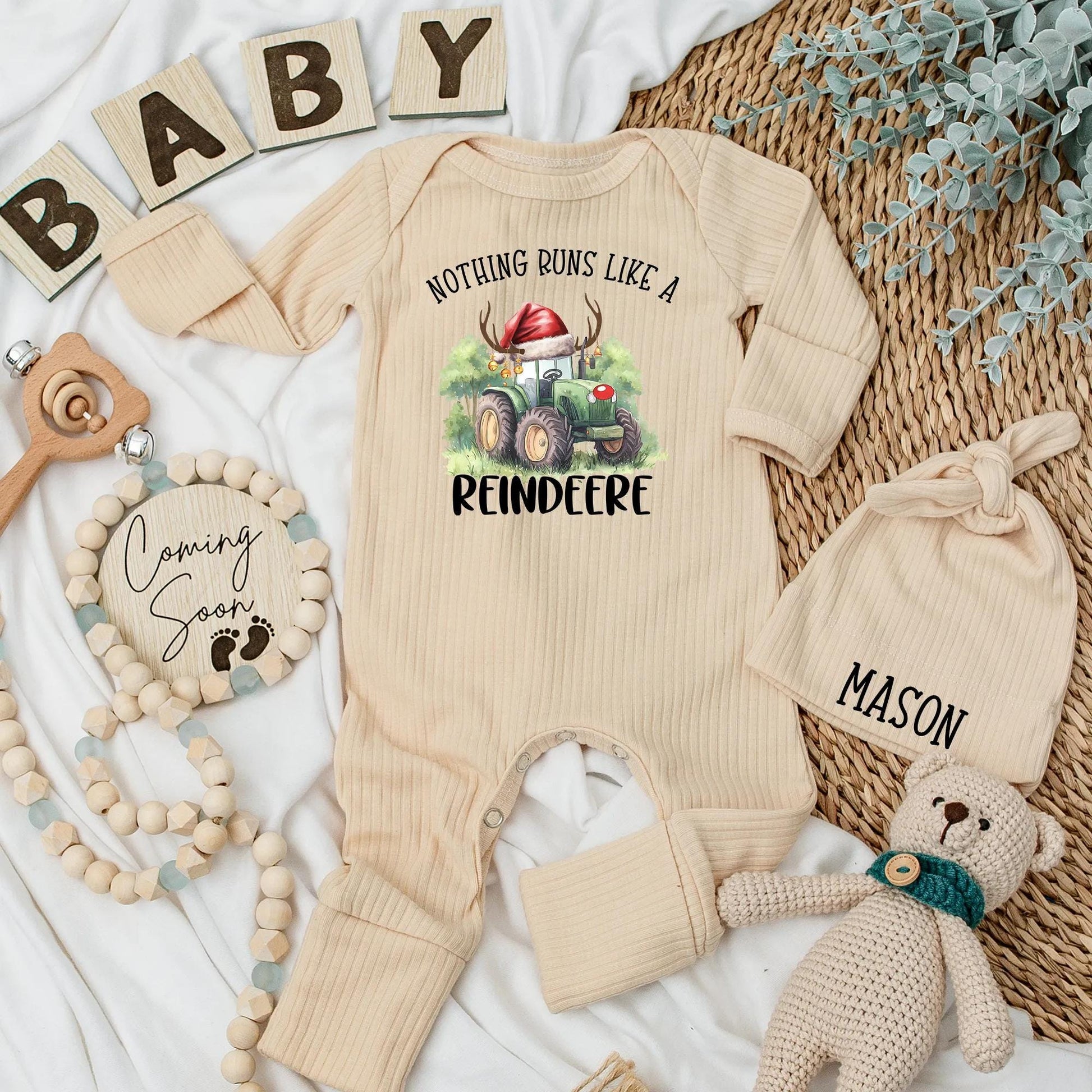 Reindeer Tractor Christmas Baby Bodysuit, Farm Holiday Outfit for Baby Boy, Cute Newborn Reindeer Clothes, Custom Name Romper Gift 130-140 characters