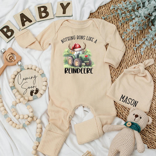 Reindeer Tractor Christmas Baby Bodysuit, Farm Holiday Outfit for Baby Boy, Cute Newborn Reindeer Clothes, Custom Name Romper Gift 130-140 characters