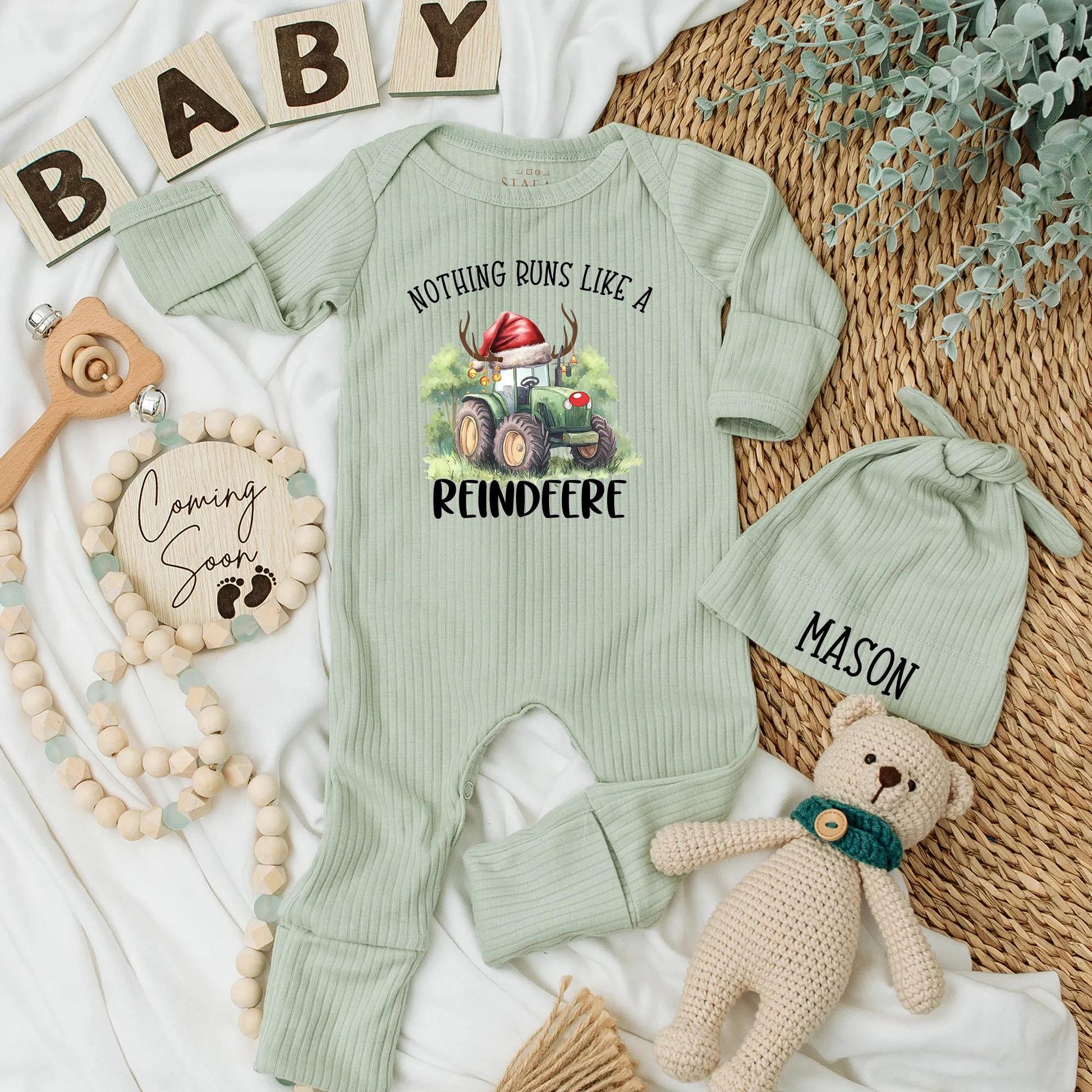 Reindeer Tractor Christmas Baby Bodysuit, Farm Holiday Outfit for Baby Boy, Cute Newborn Reindeer Clothes, Custom Name Romper Gift 130-140 characters