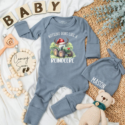 Reindeer Tractor Christmas Baby Bodysuit, Farm Holiday Outfit for Baby Boy, Cute Newborn Reindeer Clothes, Custom Name Romper Gift 130-140 characters