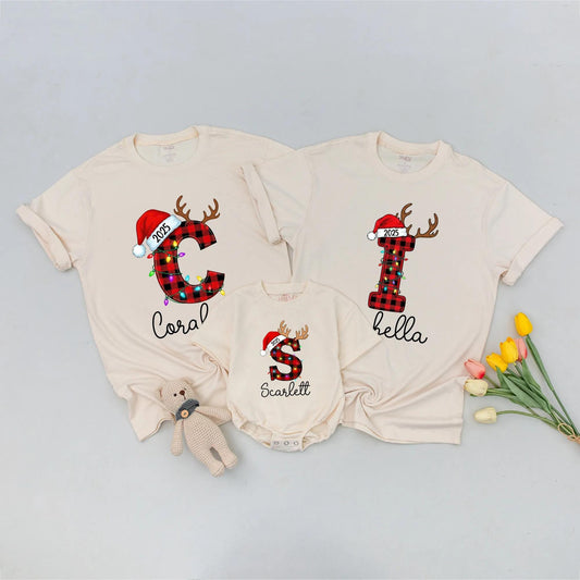 Custom Family Christmas 2025 Shirts, Personalized Name Outfit, Matching Xmas Pajama Tee, Monogram Initial Alphabet Shirt, Merry Christmas Squad Gift