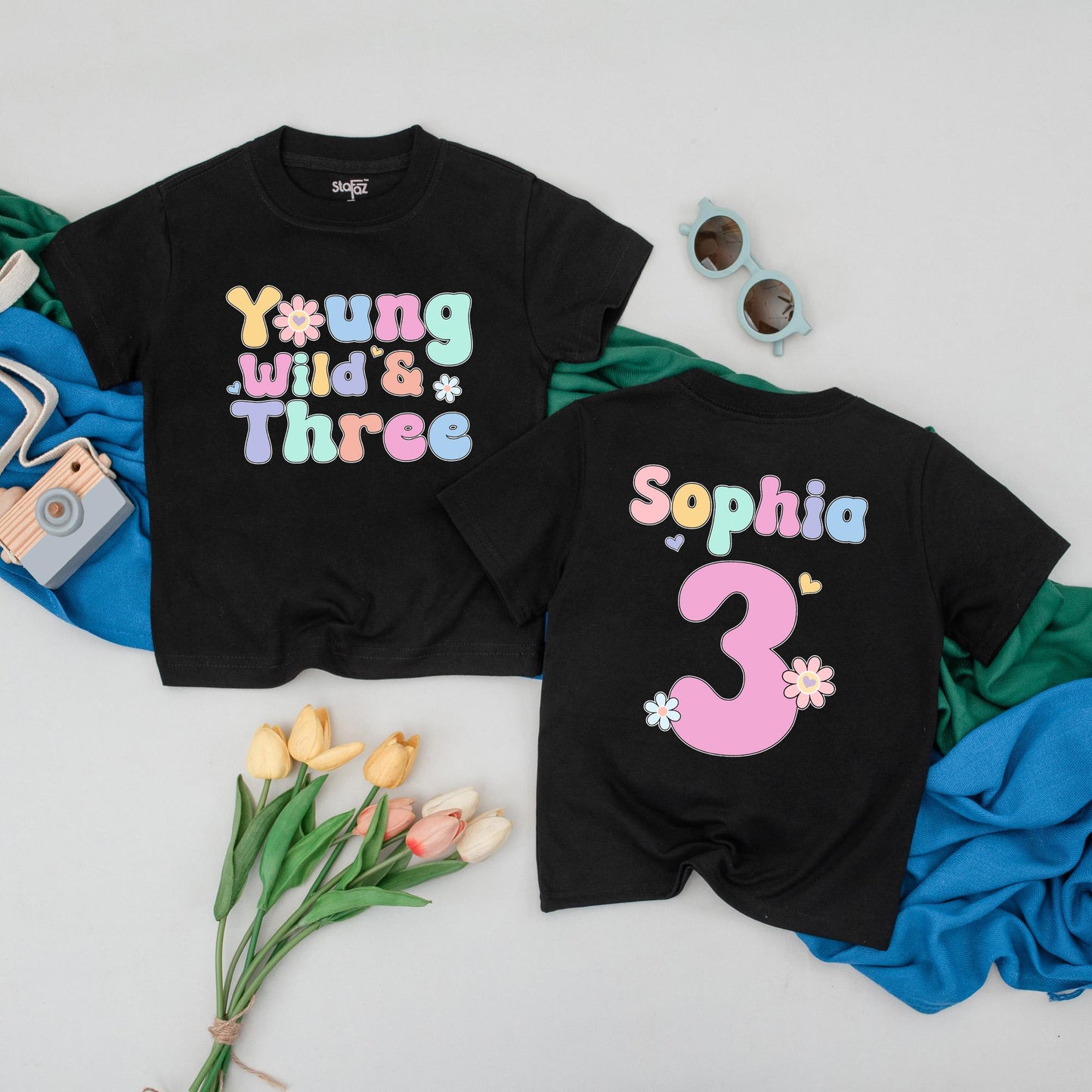 Personalized Young Wild & Three Birthday T-Shirt Groovy 3rd Birthday Girl Outfit Toddler Tee with Pink Bow Comfortable Cotton Gift Idea for Three Year Old