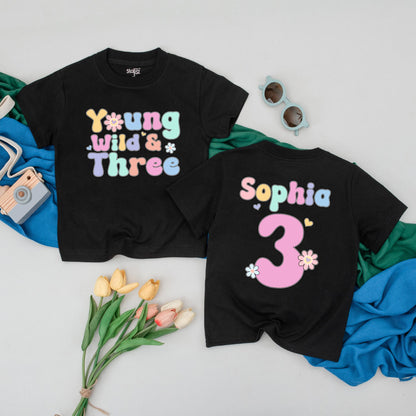 Personalized Young Wild & Three Birthday T-Shirt Groovy 3rd Birthday Girl Outfit Toddler Tee with Pink Bow Comfortable Cotton Gift Idea for Three Year Old