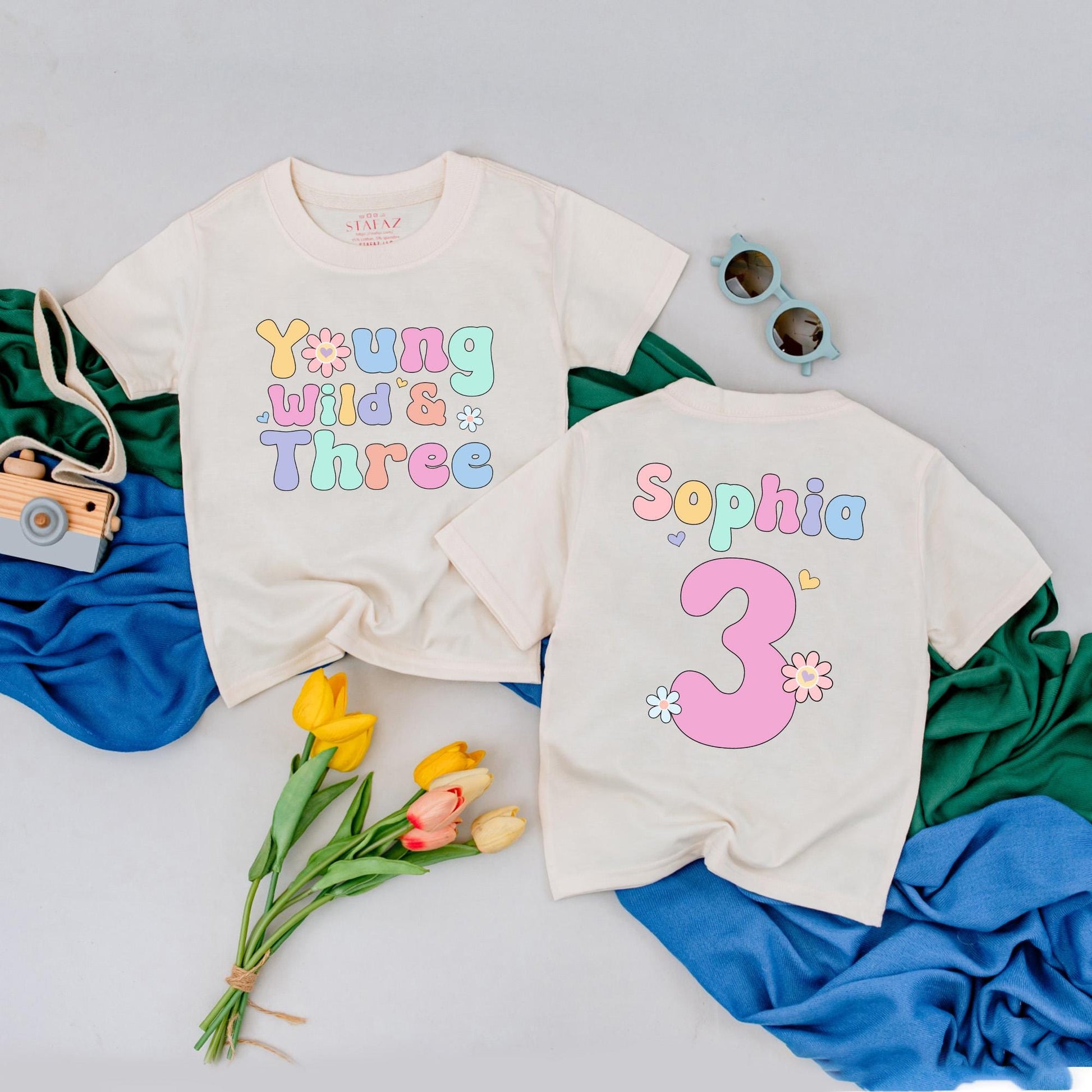 Personalized Young Wild & Three Birthday T-Shirt Groovy 3rd Birthday Girl Outfit Toddler Tee with Pink Bow Comfortable Cotton Gift Idea for Three Year Old