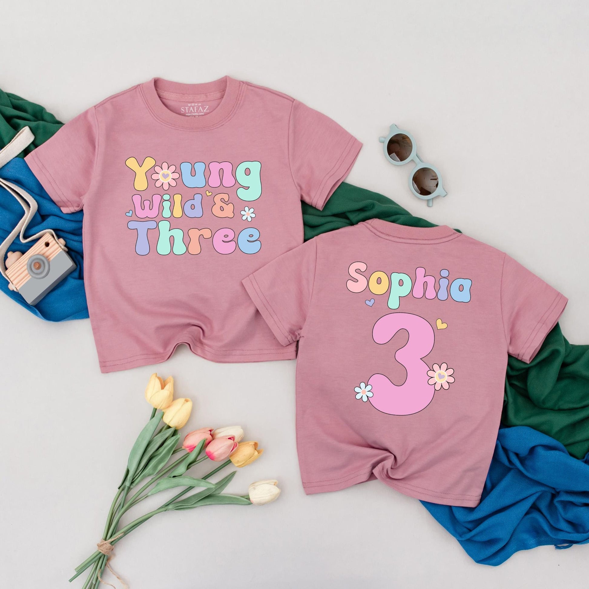 Personalized Young Wild & Three Birthday T-Shirt Groovy 3rd Birthday Girl Outfit Toddler Tee with Pink Bow Comfortable Cotton Gift Idea for Three Year Old