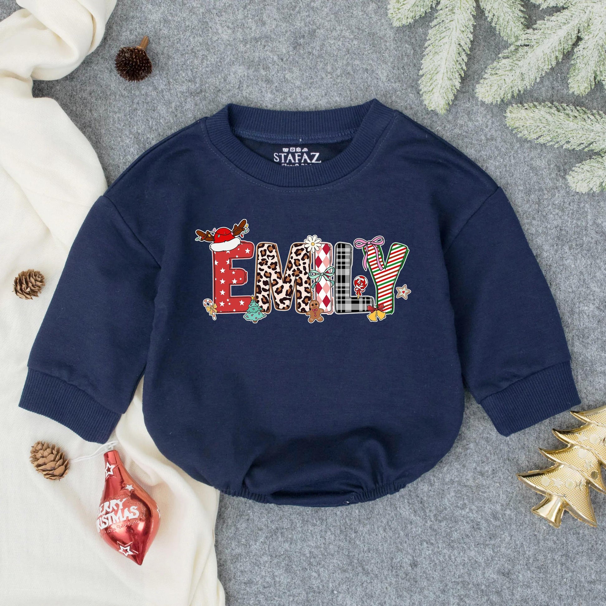 Personalized Emily Christmas Bubble Romper Custom Name Baby Girl Outfit Festive Holiday Toddler Gift for First Christmas Celebration