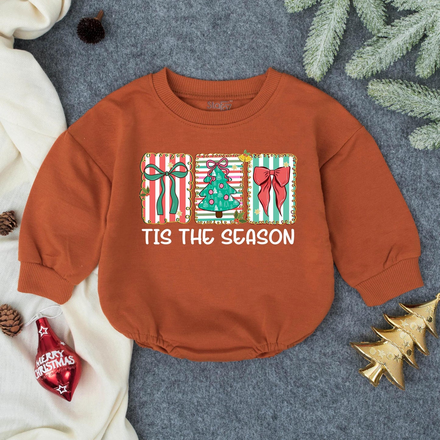 Tis The Season Christmas Romper, Girly Holiday Bow Outfit, Newborn Infant Clothes, Baby Girl Bubble Romper, Decorated Xmas Tree Stripes Cute Xmas Party (139 chars)