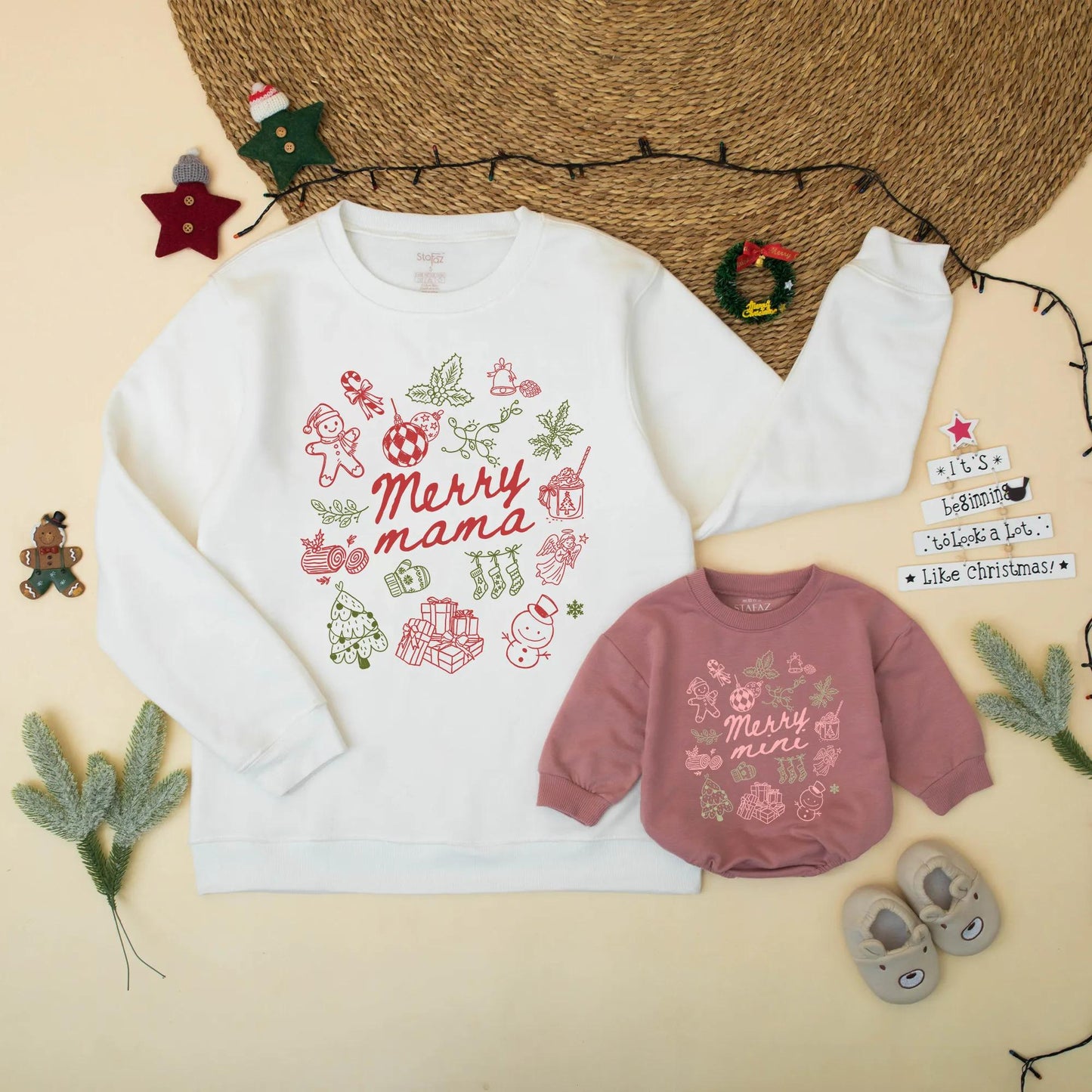 Matching Merry Mama & Mini Christmas Sweatshirt Family Outfit Winter Birthday Holiday Sweater Gift Mom, Baby