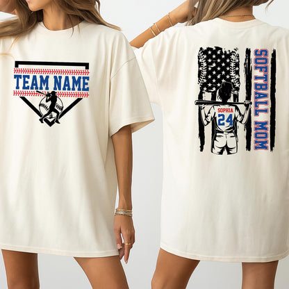 Personalized Softball Mom Shirt, Custom Name & Number Game Day Tee, Distressed Flag Design, Sports Mom Gift, Team Spirit Outfit, Softball Player Lover