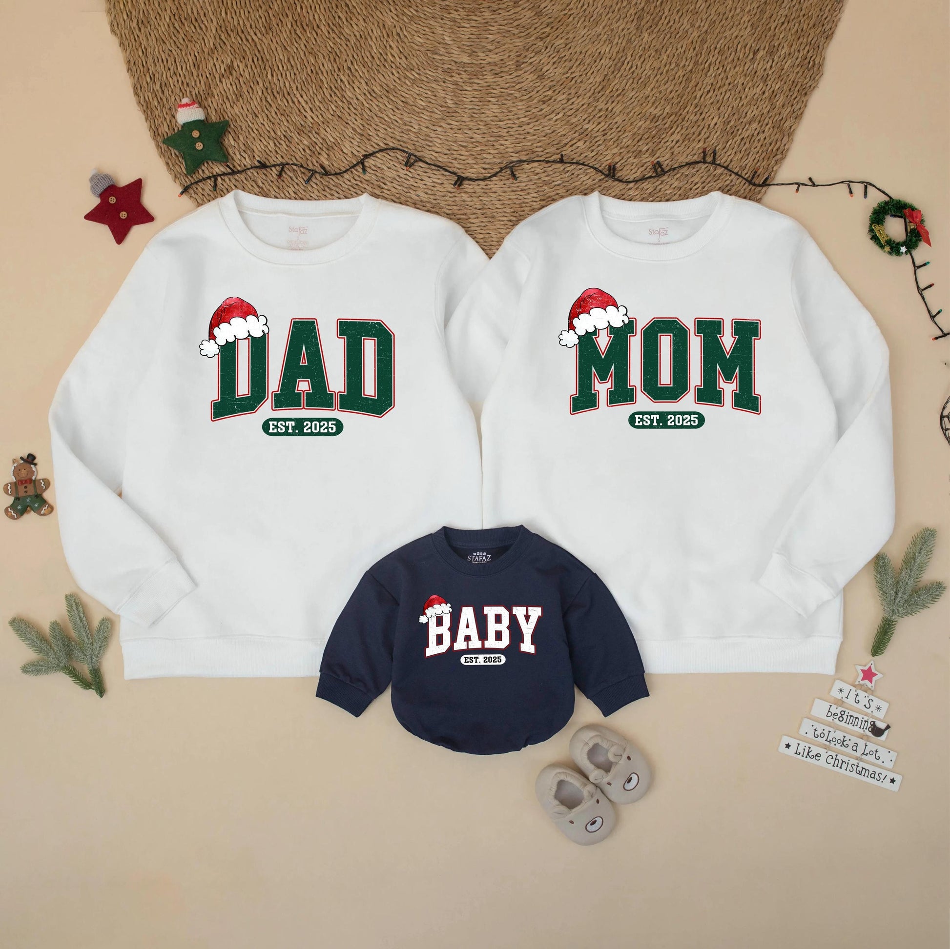 Retro Christmas Family Matching Sweatshirt Vintage Santa Hat Mom Dad Baby Est. 2025 Collegiate Forest Green Sweater Pregnancy Announcement Gift
