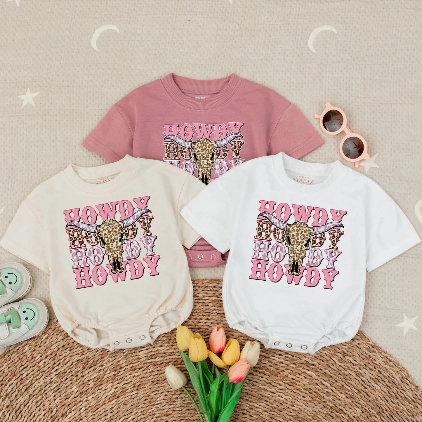 Howdy Pink Cowgirl Bubble Romper Western Leopard Cow Skull Baby Outfit Rodeo Toddler Clothes Short Sleeve Baby Announcement