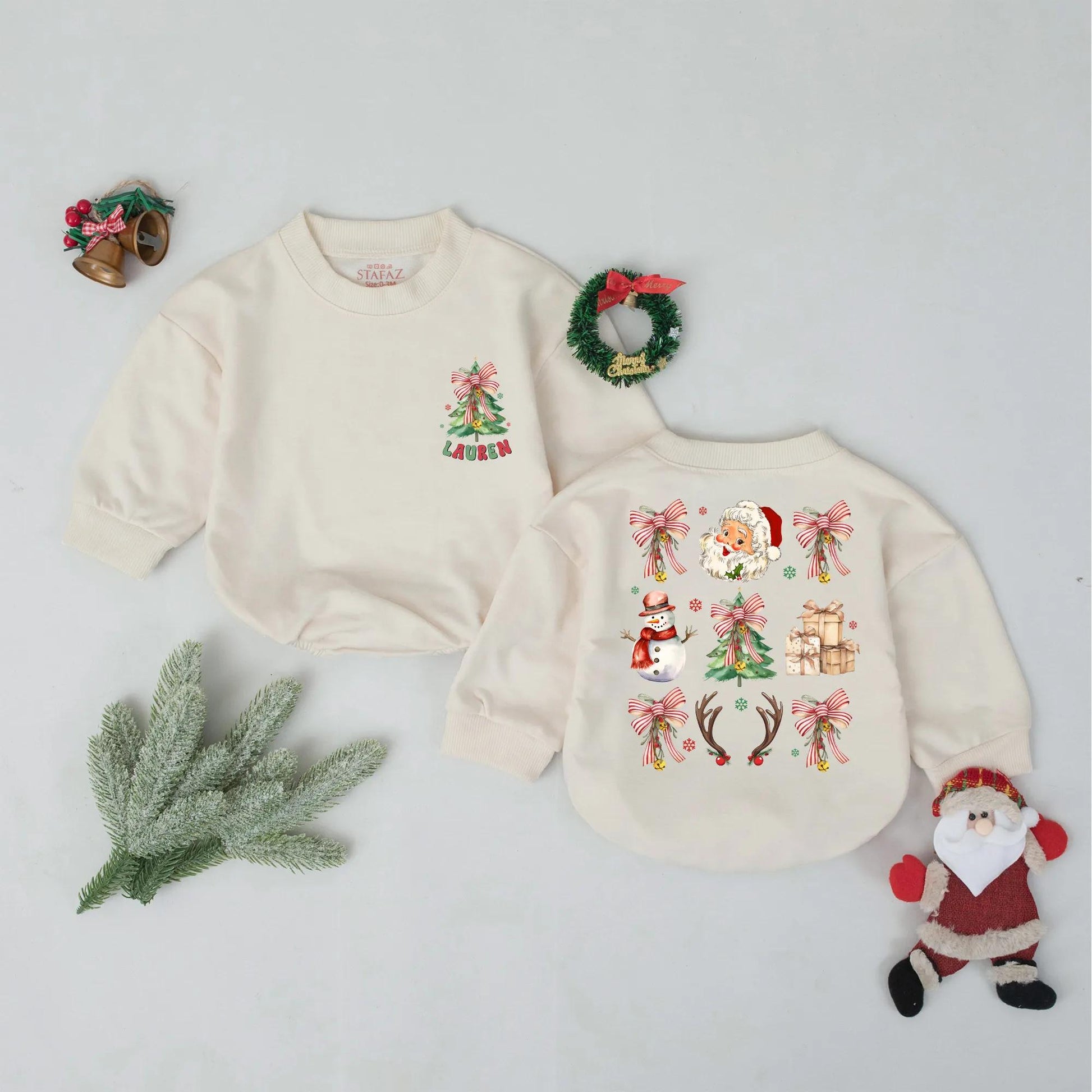 Personalized Vintage Christmas Bubble Romper Retro Tree Name Retro Santa Snowman Baby Outfit Newborn Xmas Gift