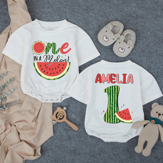 Custom One in a Melon Baby Bubble Romper Adorable First Birthday Girl Outfit Cute Watermelon Summer Baby Clothes Toddler Gift