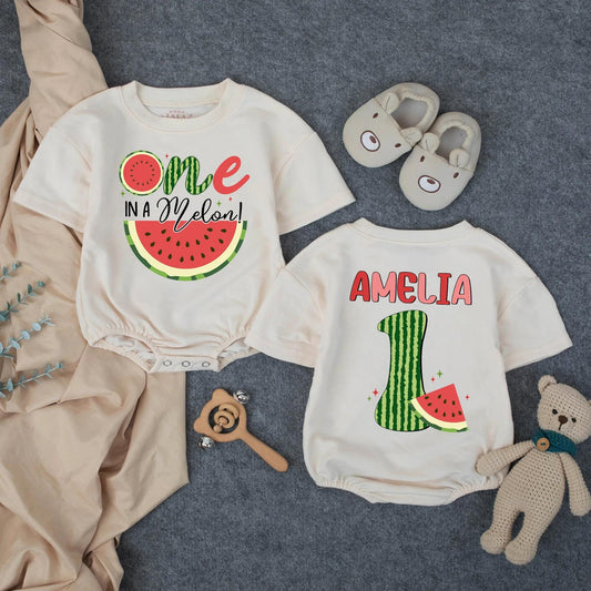 Custom One in a Melon Baby Bubble Romper Adorable First Birthday Girl Outfit Cute Watermelon Summer Baby Clothes Toddler Gift
