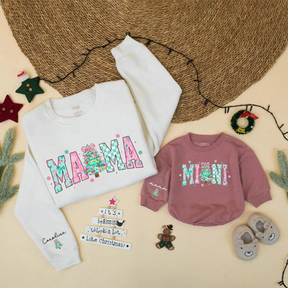 Mama Mini Matching Christmas Sweatshirt Set Pink Turquoise Holiday Outfits for Mom Baby Girl Cute Festive Plaid Snowflake Tree Sweater