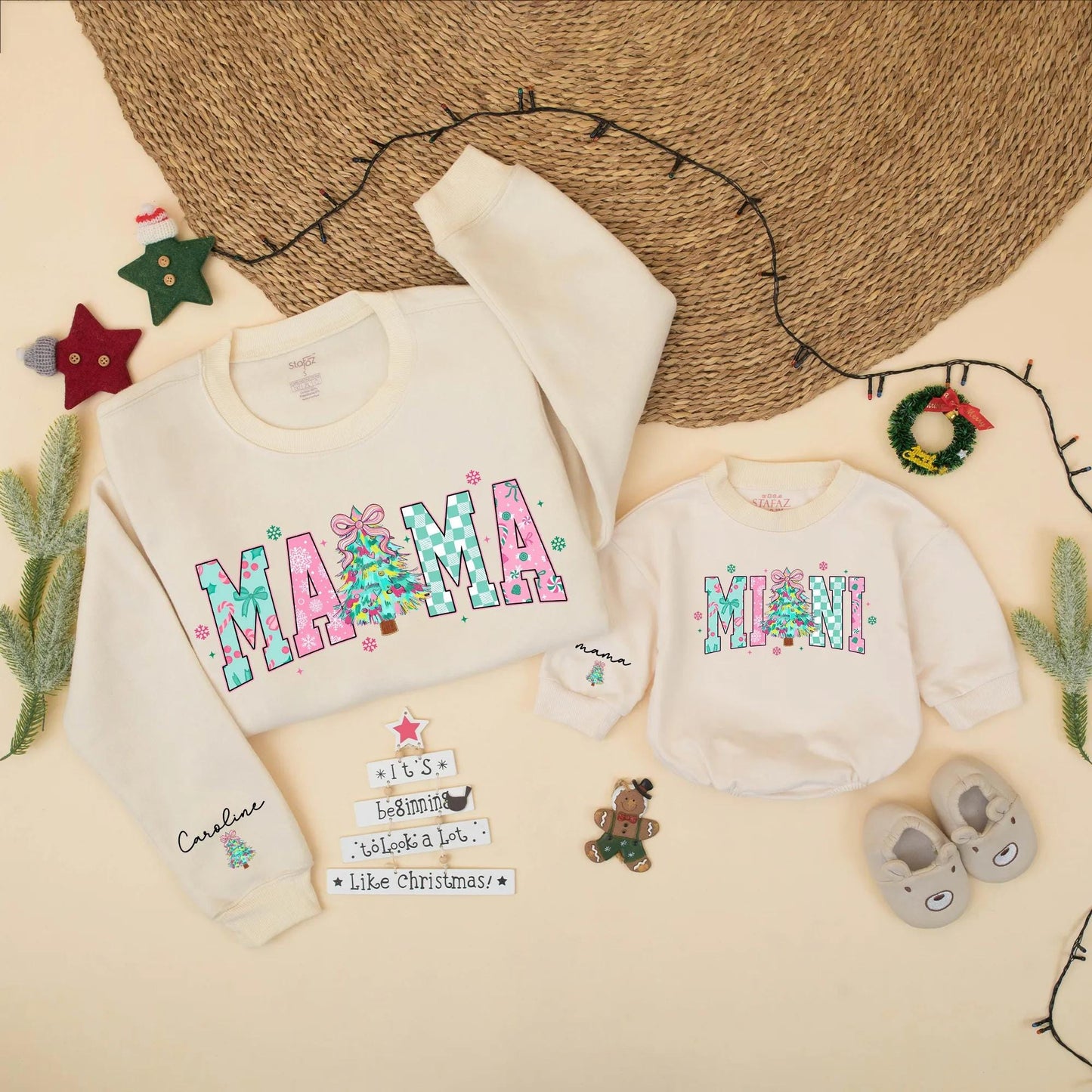 Mama Mini Matching Christmas Sweatshirt Set Pink Turquoise Holiday Outfits for Mom Baby Girl Cute Festive Plaid Snowflake Tree Sweater