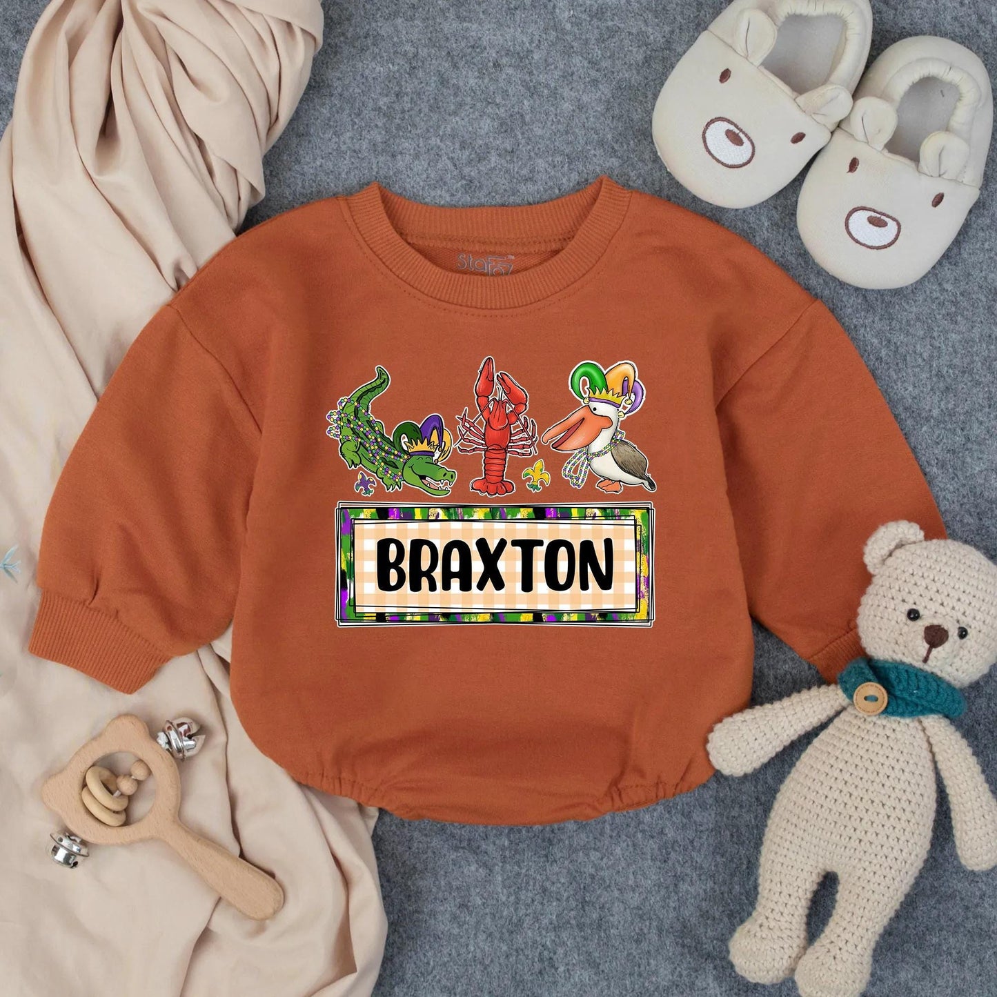 Personalized Cajun Baby Romper Louisiana Boy Outfit featuring Alligator Crawfish Pelican, Southern Toddler Clothes Unique Gift