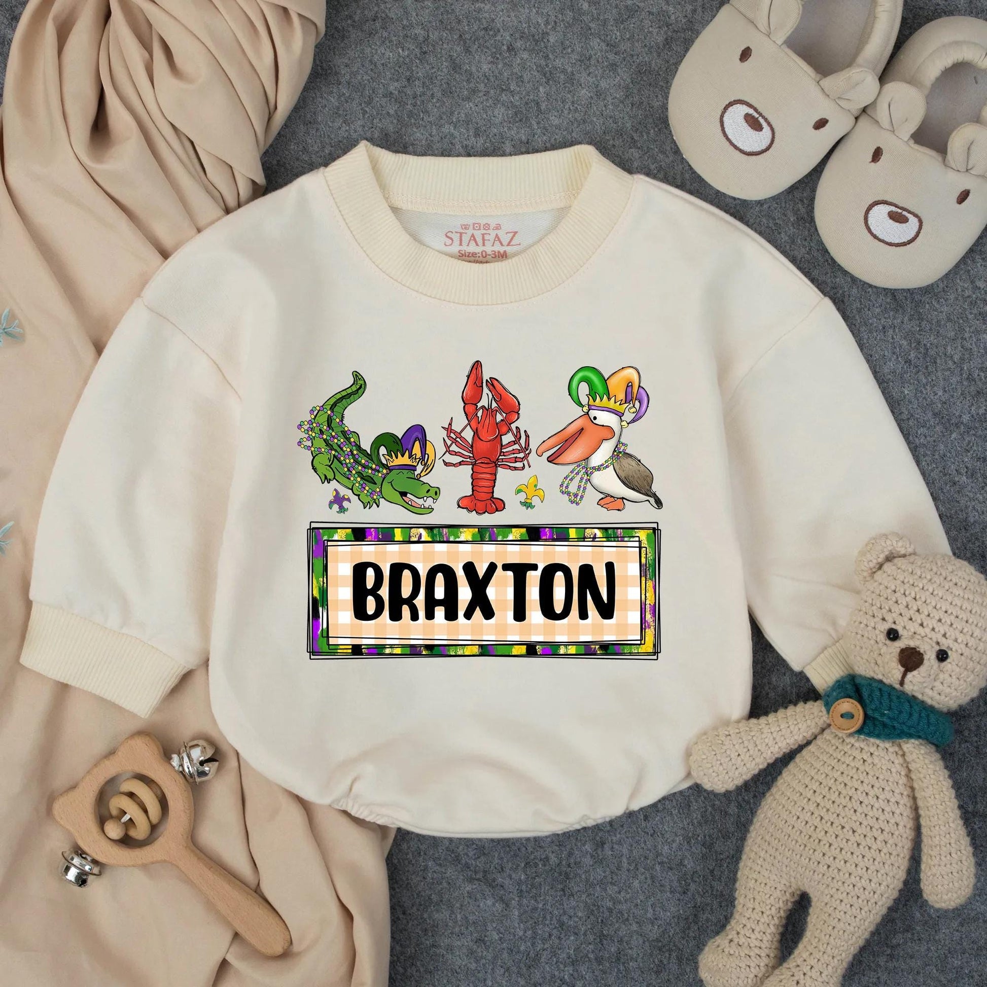 Personalized Cajun Baby Romper Louisiana Boy Outfit featuring Alligator Crawfish Pelican, Southern Toddler Clothes Unique Gift