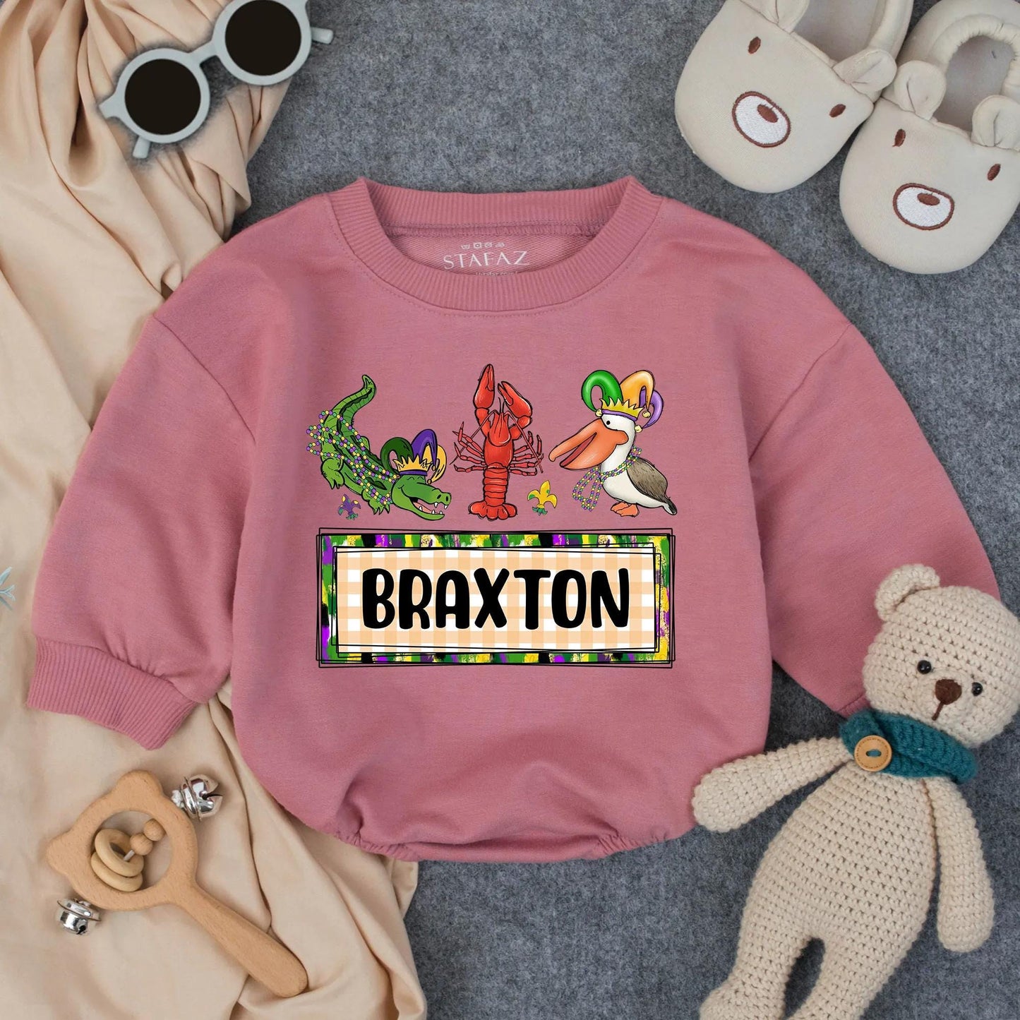 Personalized Cajun Baby Romper Louisiana Boy Outfit featuring Alligator Crawfish Pelican, Southern Toddler Clothes Unique Gift