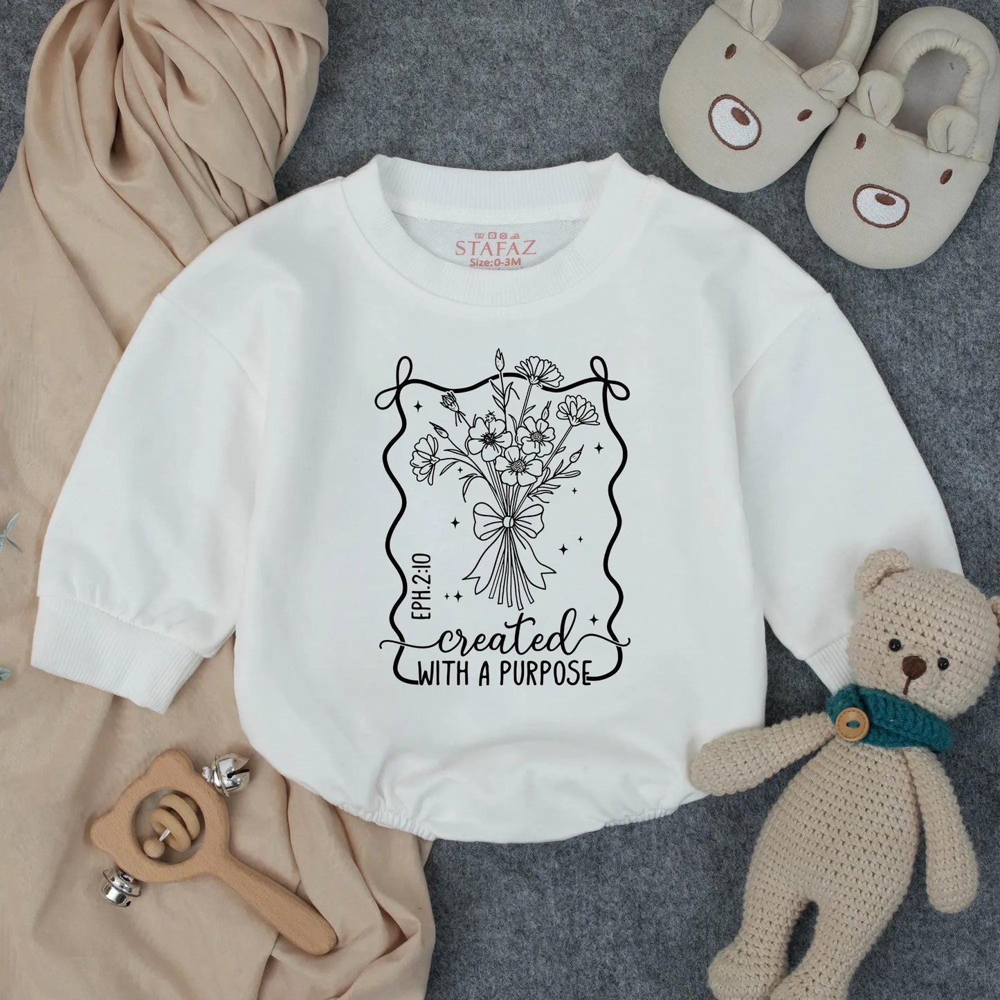 Created With a Purpose Baby Girl Romper Boho Floral Design Infant Clothes Faith Based EPH.2:10 Toddler Girl Announcement Gift