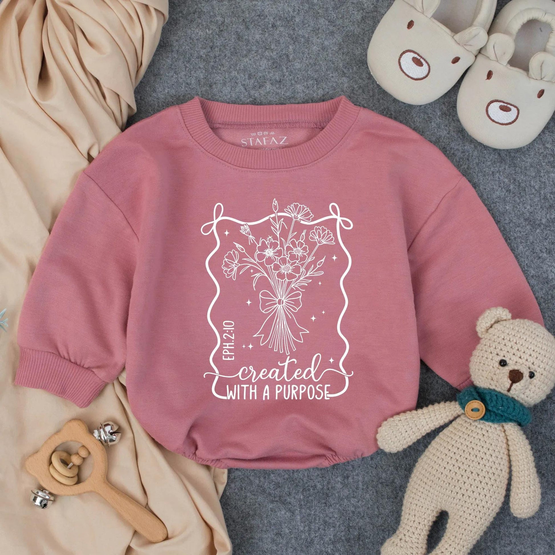 Created With a Purpose Baby Girl Romper Boho Floral Design Infant Clothes Faith Based EPH.2:10 Toddler Girl Announcement Gift