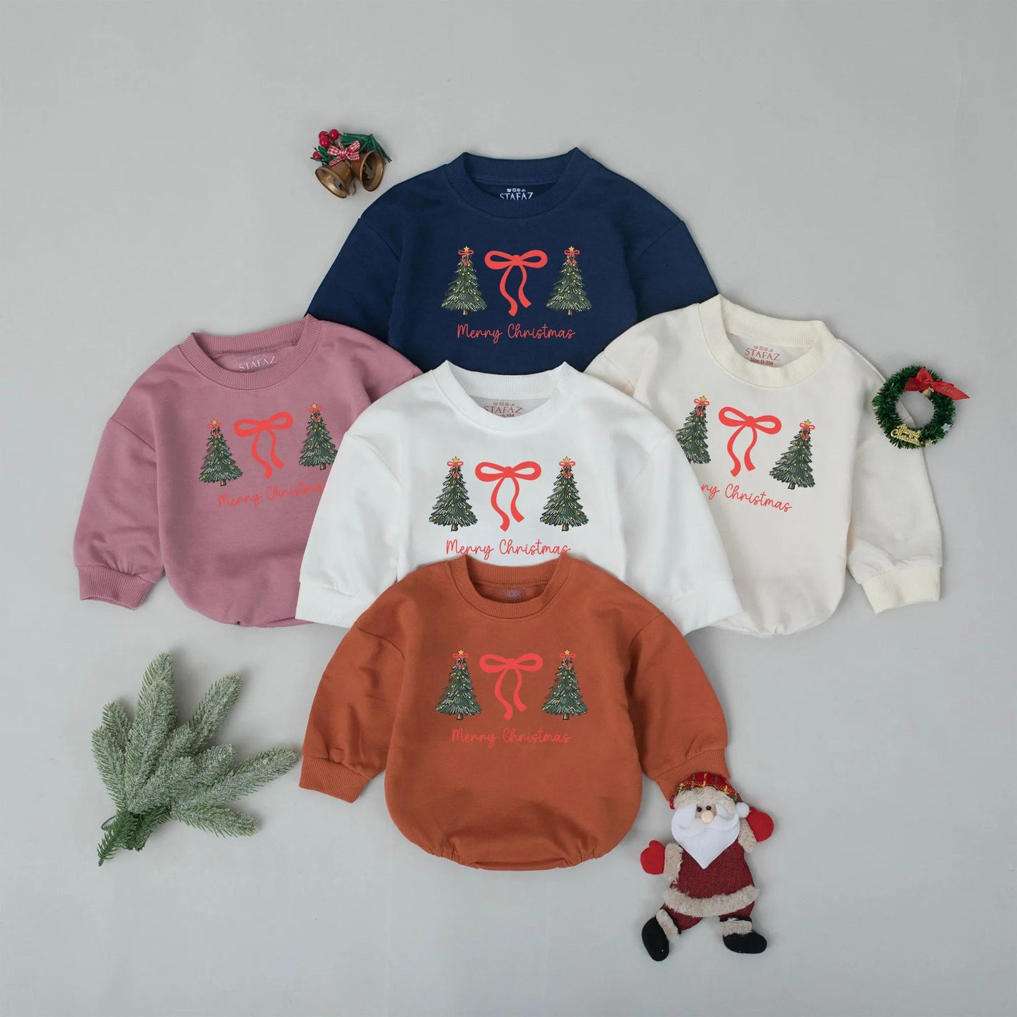 Cute Christmas Tree Bubble Romper Baby's First Christmas Outfit Holiday Bodysuit Newborn Xmas Gift Cheerful Green Trees Red Bow Clothes, 134 chars